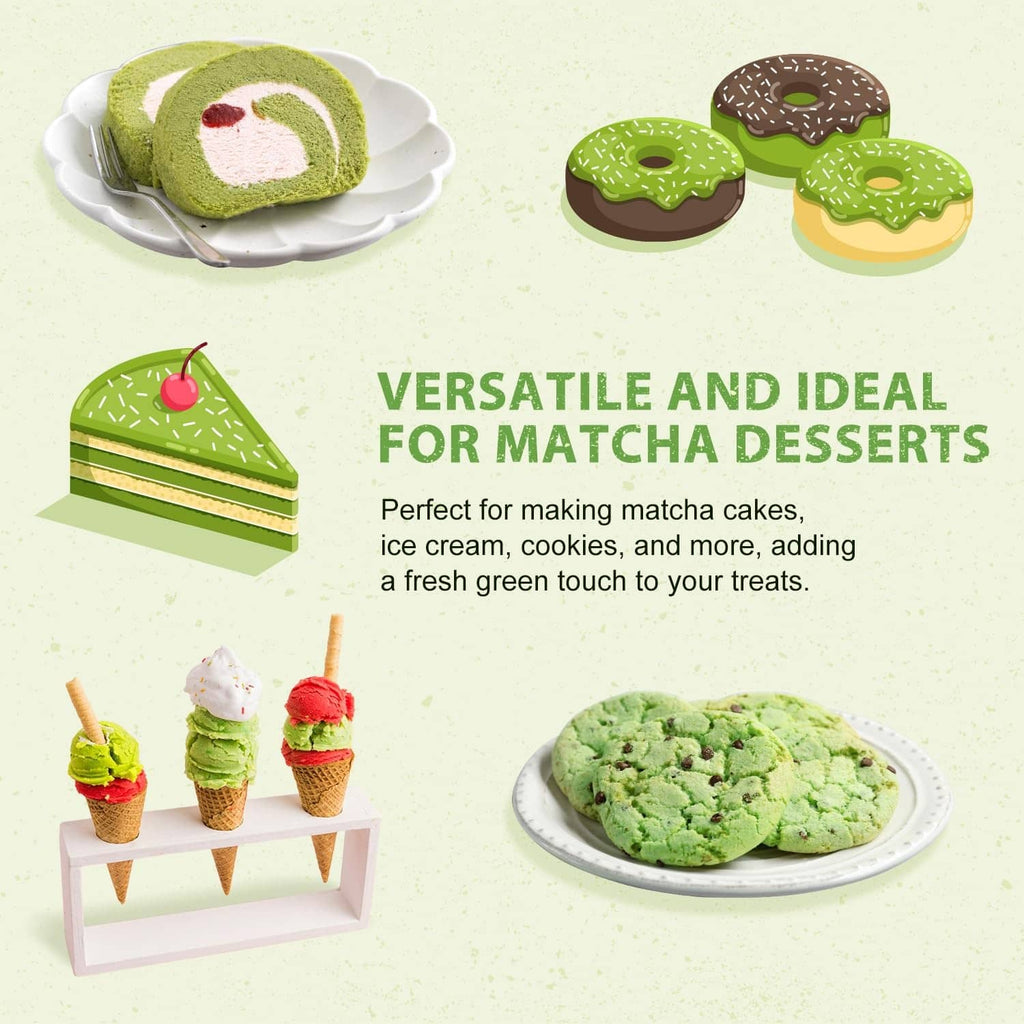 Soeos Organic Matcha Powder pouch with sliced matcha desserts and green cakes