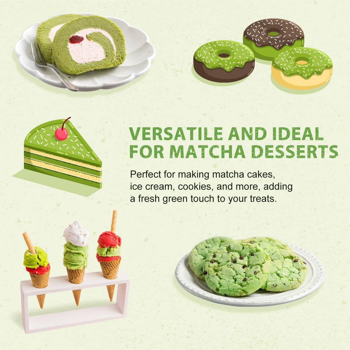 Soeos Organic Matcha Powder pouch with sliced matcha desserts and green cakes