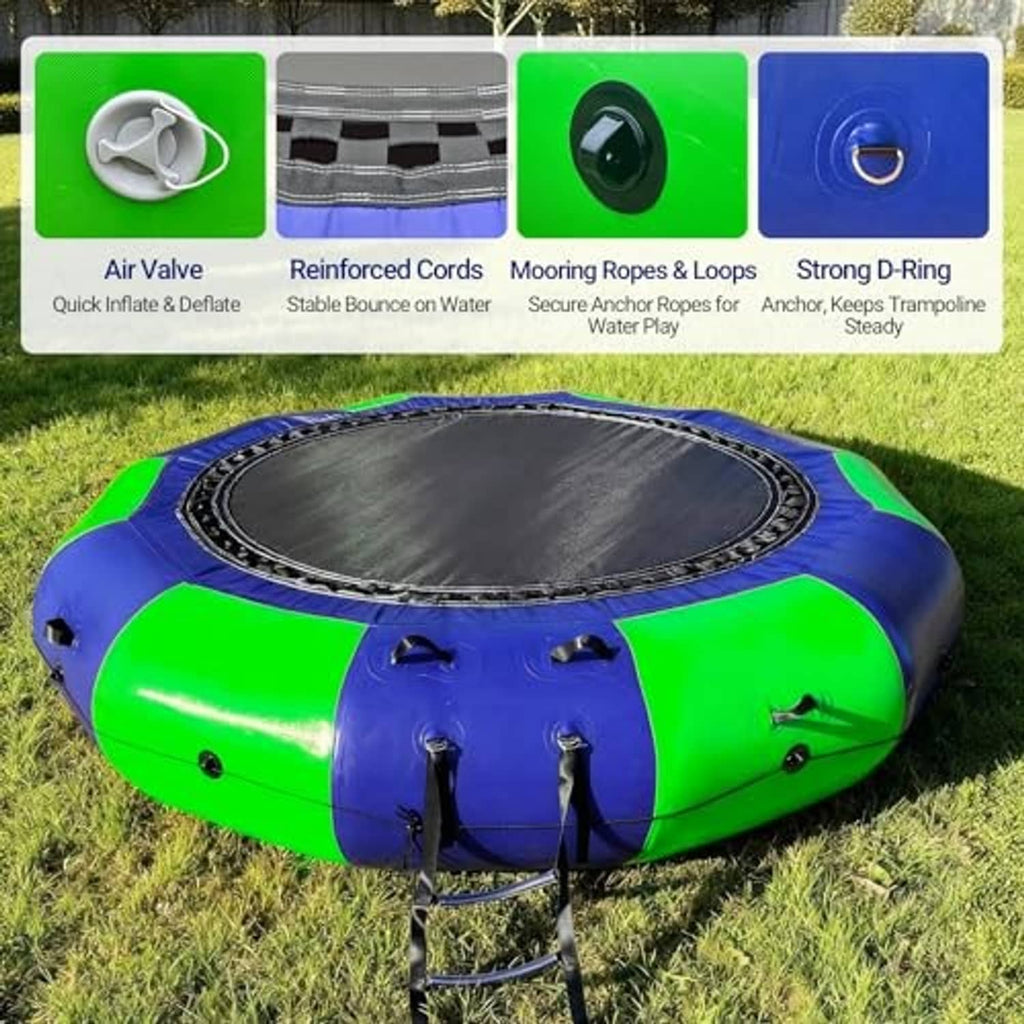 Blue and green inflatable water trampoline with reinforced cords and air valve on top