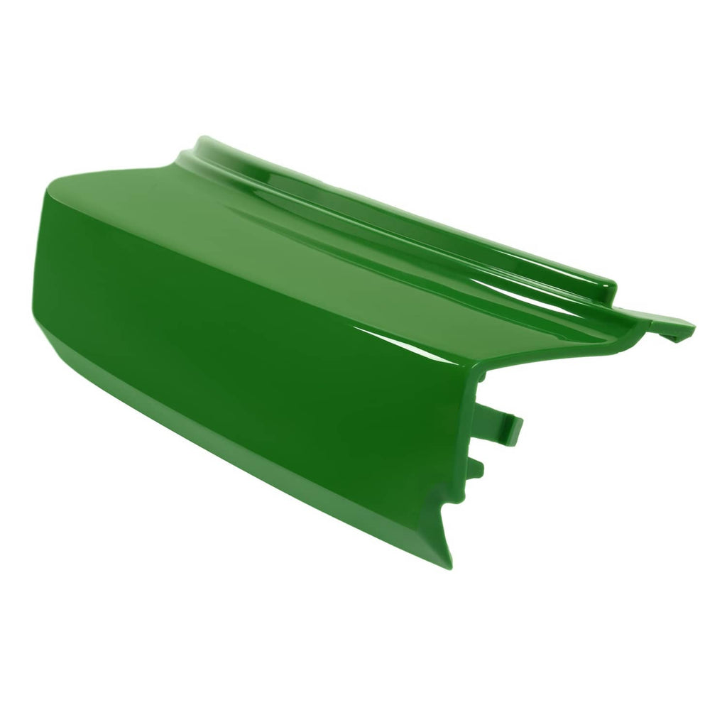 Green front bumper for John Deere mower, angled panel with raised center rib