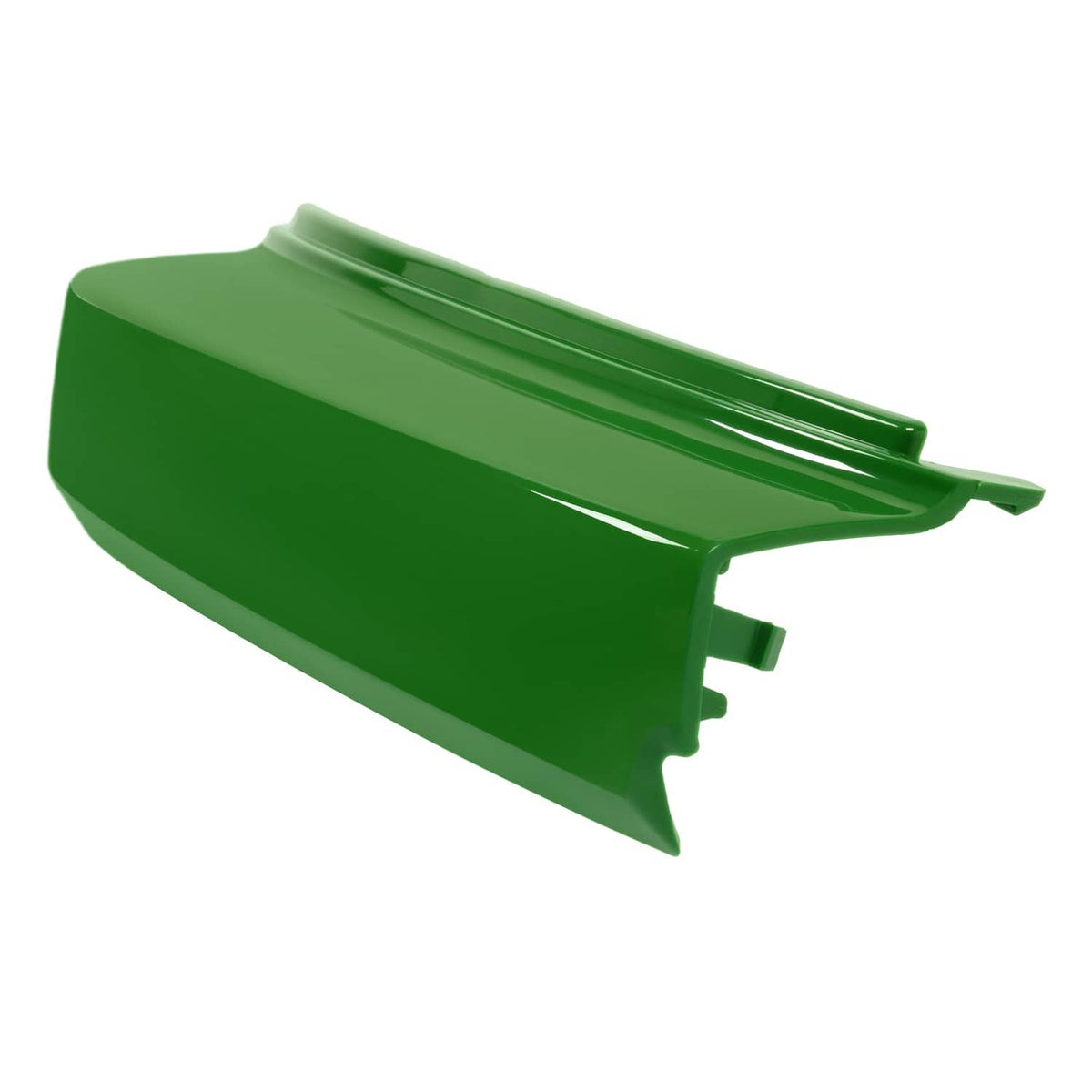 Green front bumper for John Deere mower, angled panel with raised center rib