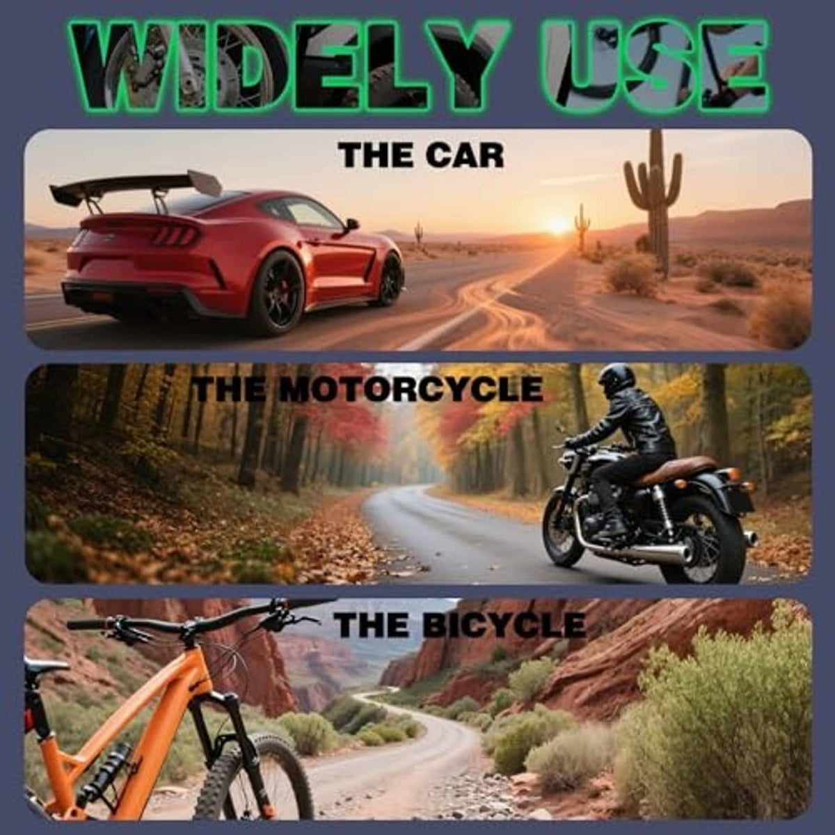 Novelty tire valve stem caps shown with car, motorcycle, and bicycle use examples