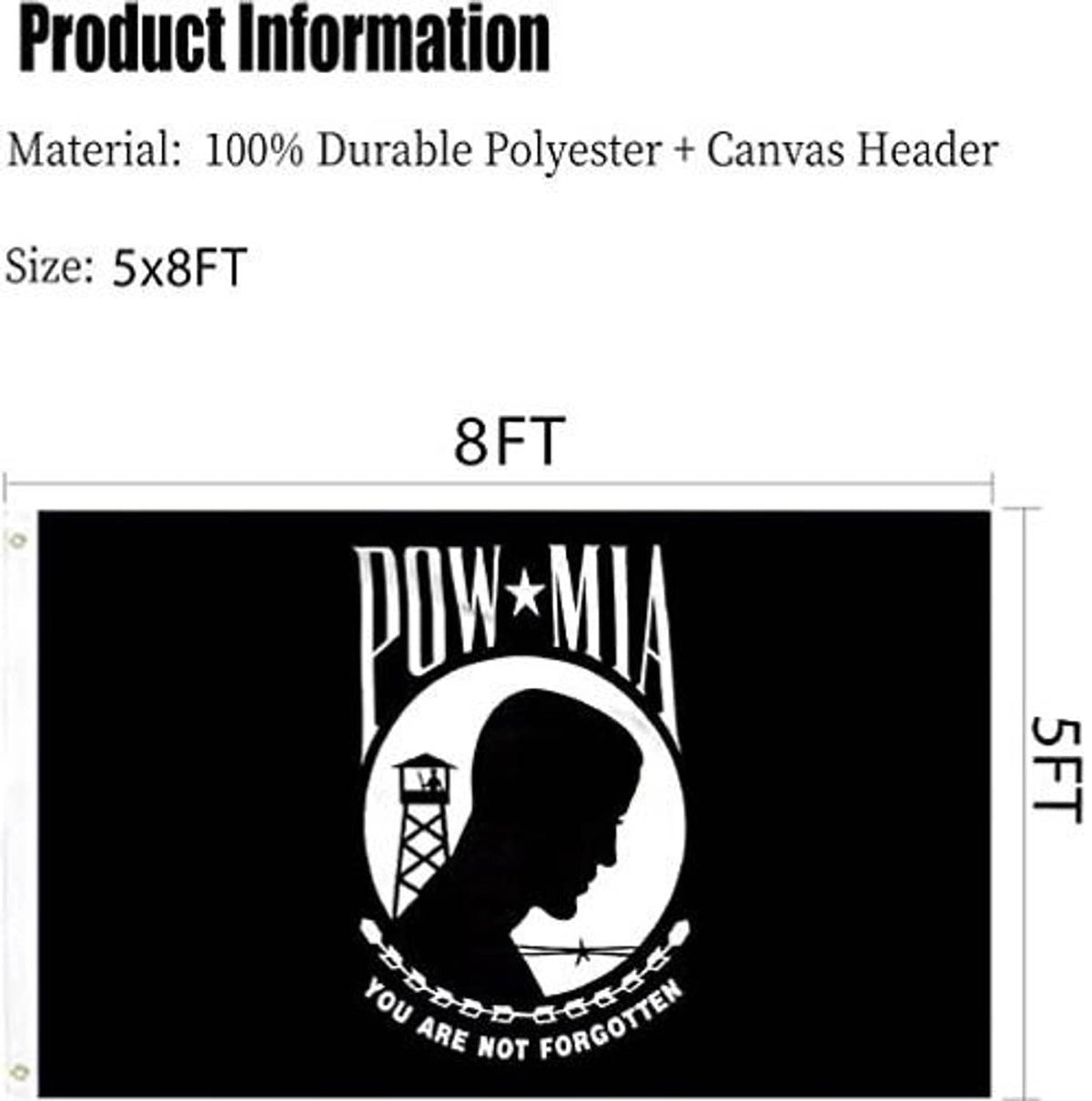 Black POW*MIA double-sided flag, 5x8 ft size with header grommets
