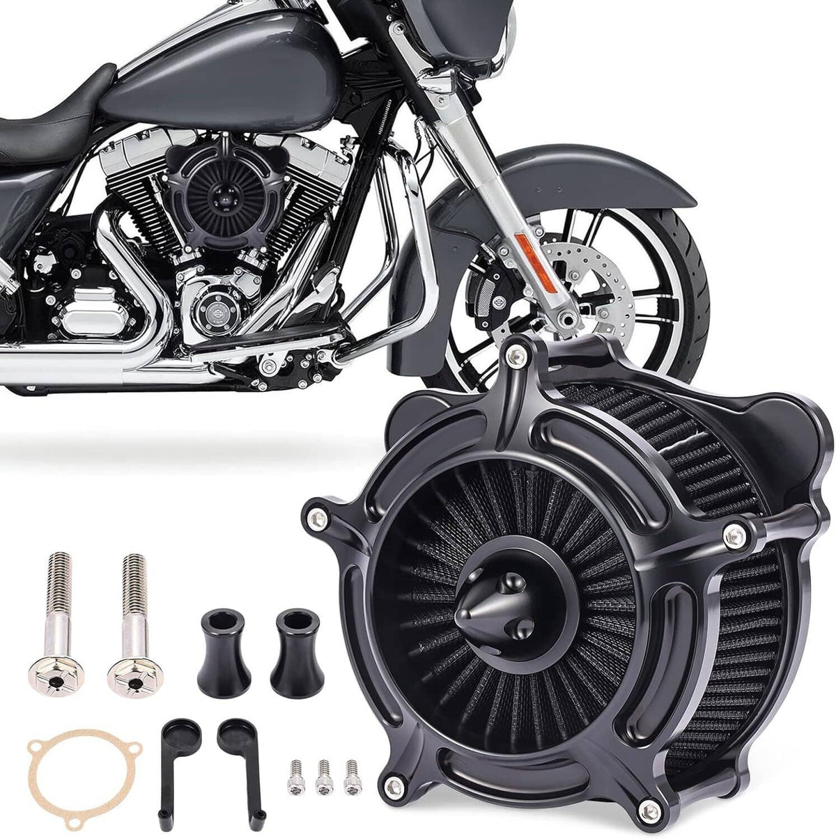 Black air cleaner intake filter with pleated element and included mounting hardware