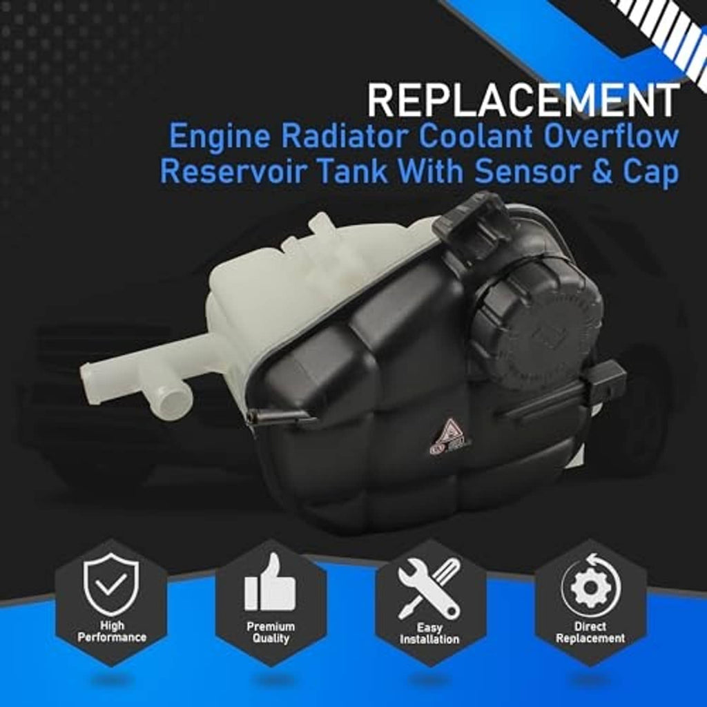 Engine radiator coolant overflow reservoir tank with sensor and cap, angled view