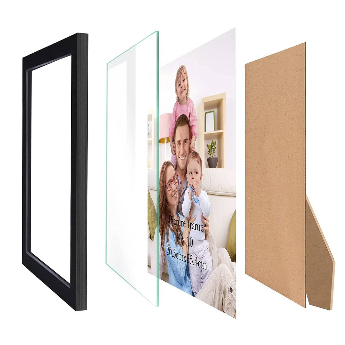 Black 8x10 photo frame with glass panel and cardboard backing