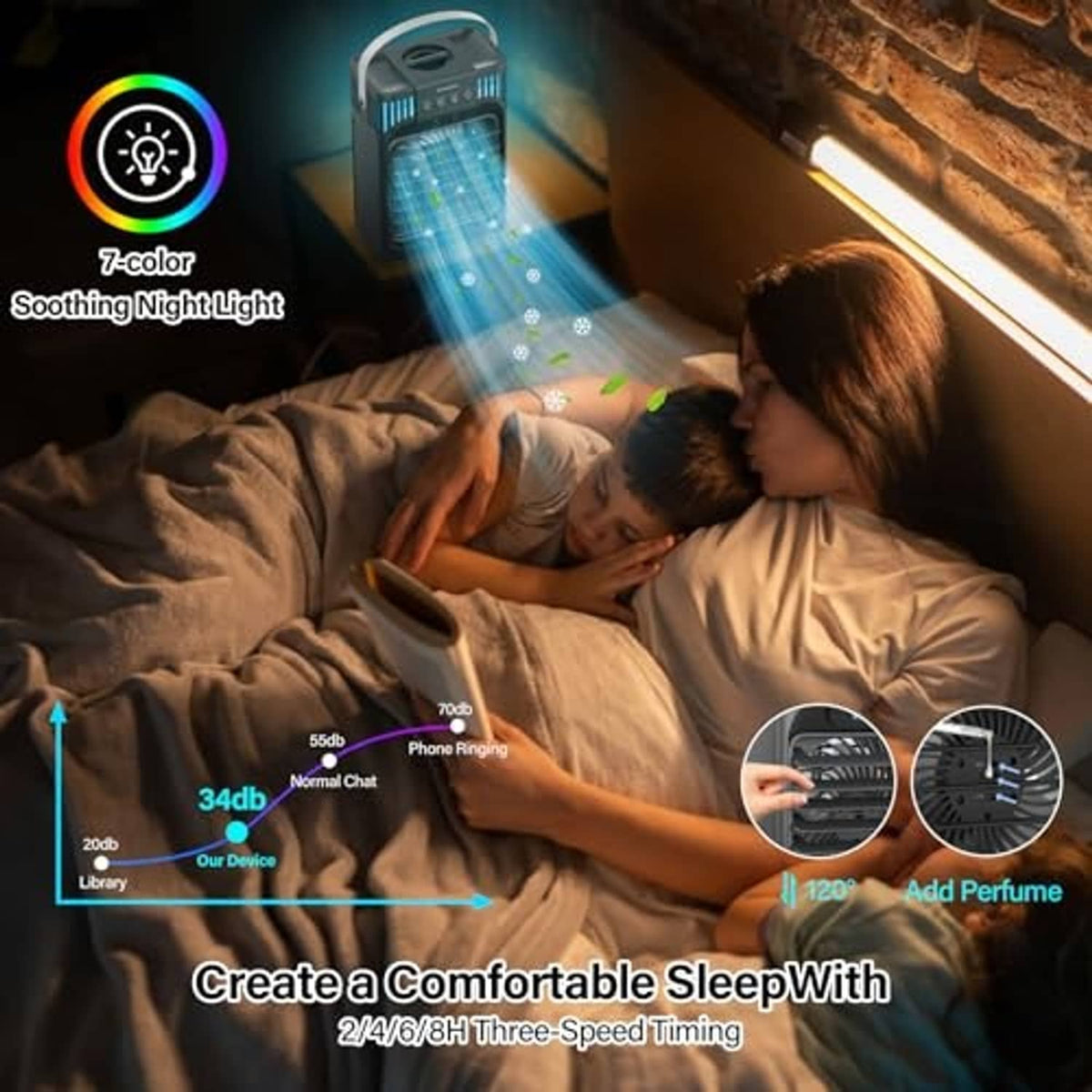 Portable air conditioner with 7-color soothing night light, blue-lit front panel