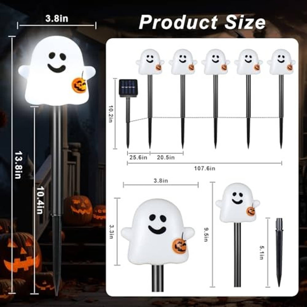 White ghost solar lights on stakes with small solar panels and jack-o'-lantern buckets