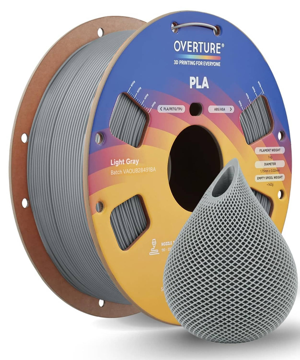 Light gray PLA filament spool with blue label and neatly wound filament on a reel.