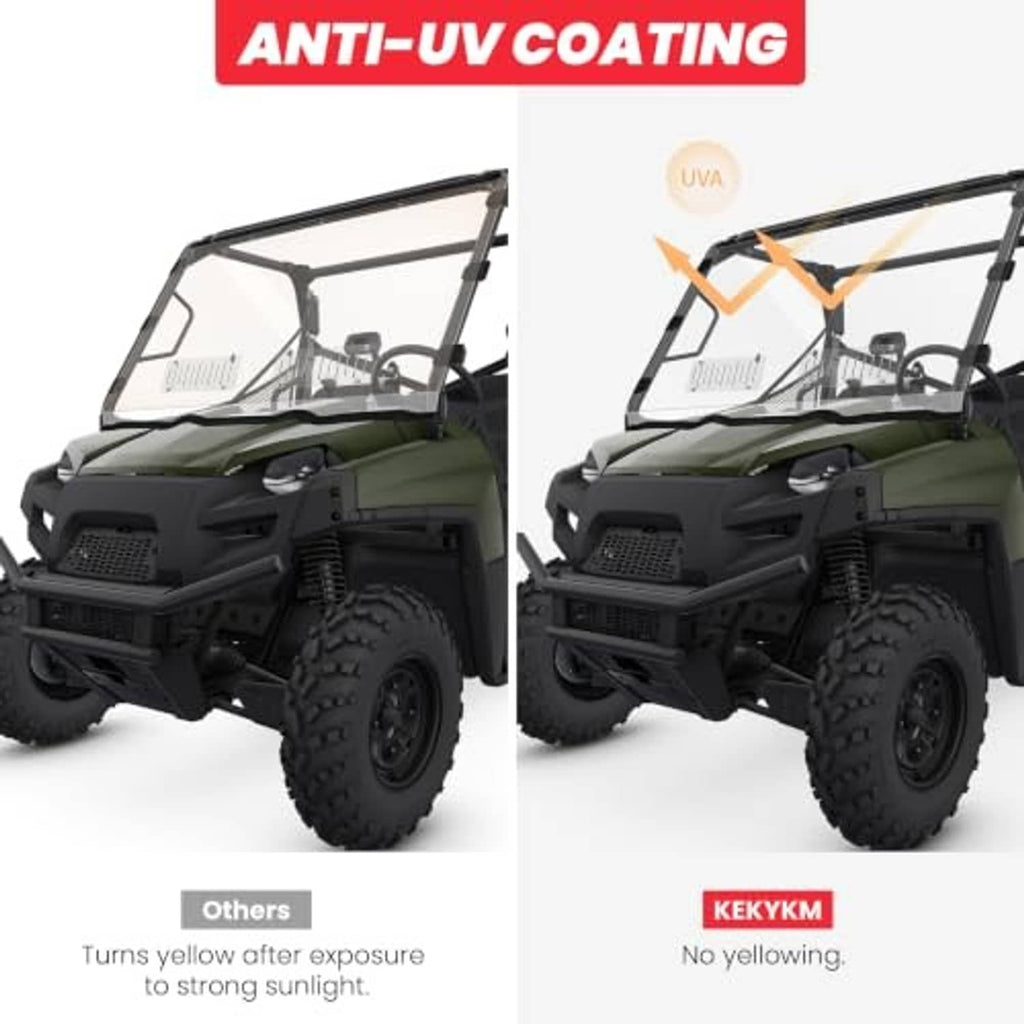 Front UTV windshield with black frame, clear panel, and vented insert plates