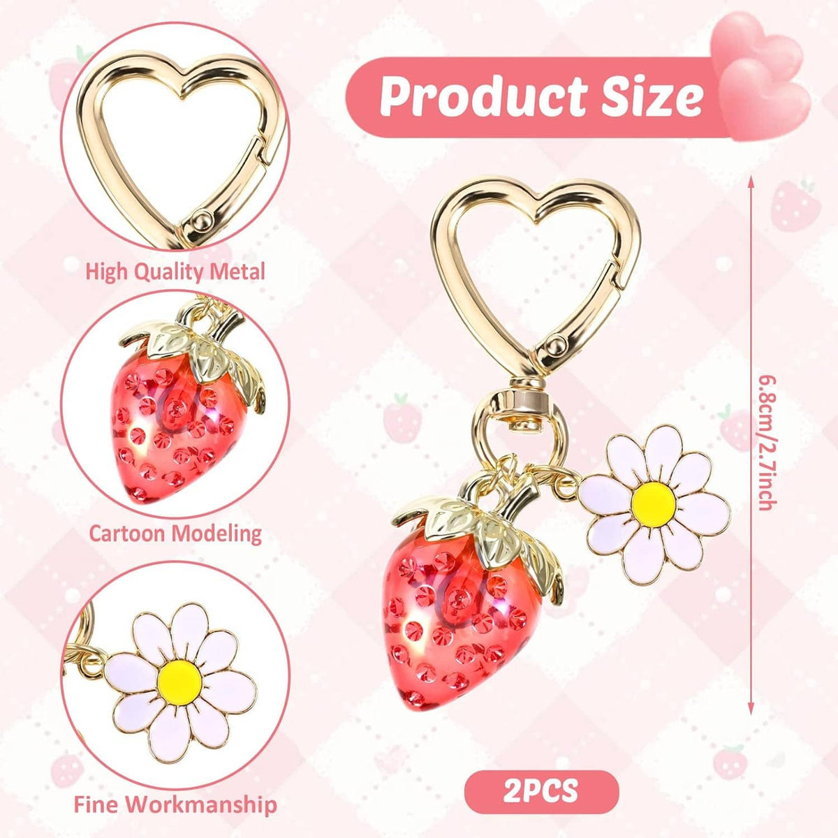 Gold heart keychain set with red strawberry charm, daisy flower, and dangling heart clip