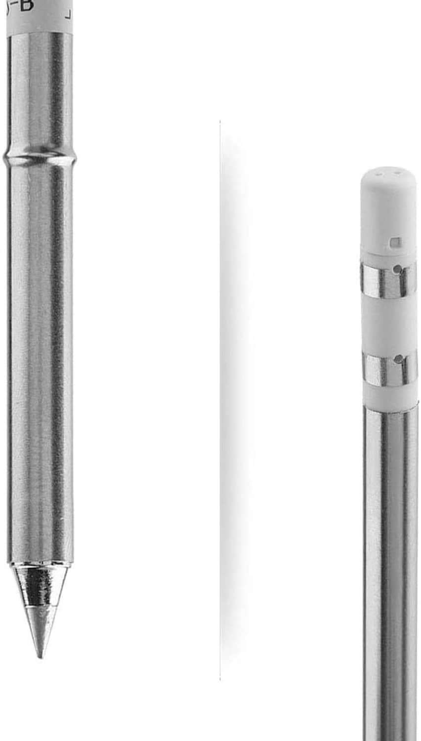Pair of soldering iron tips with pointed ends, one close-up and one angled