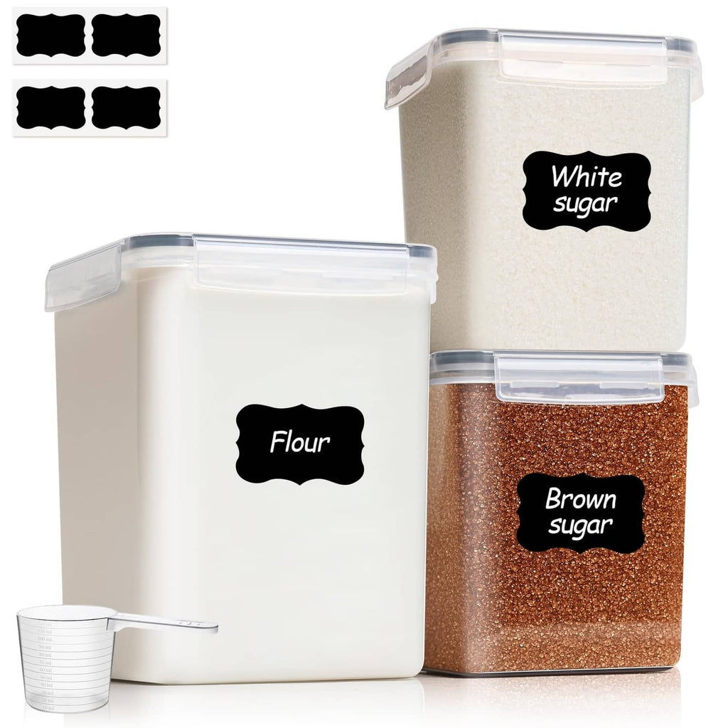 Set of 3 clear square airtight food containers with snap lids for flour and sugar