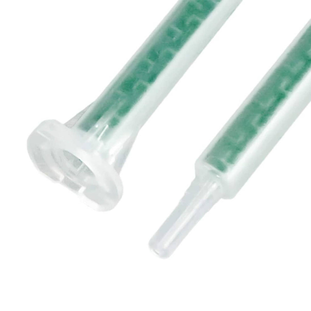 Close-up static mixer nozzle tips, clear plastic with green internal channels