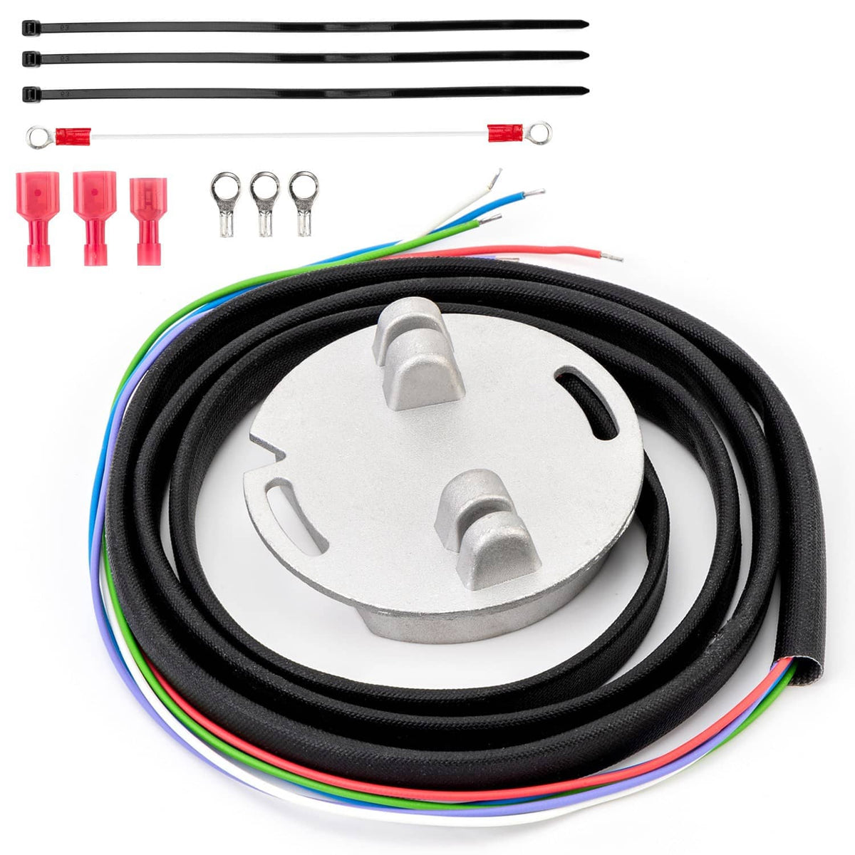 Single-fire ignition module with black coiled harness, mounting base, and wiring parts