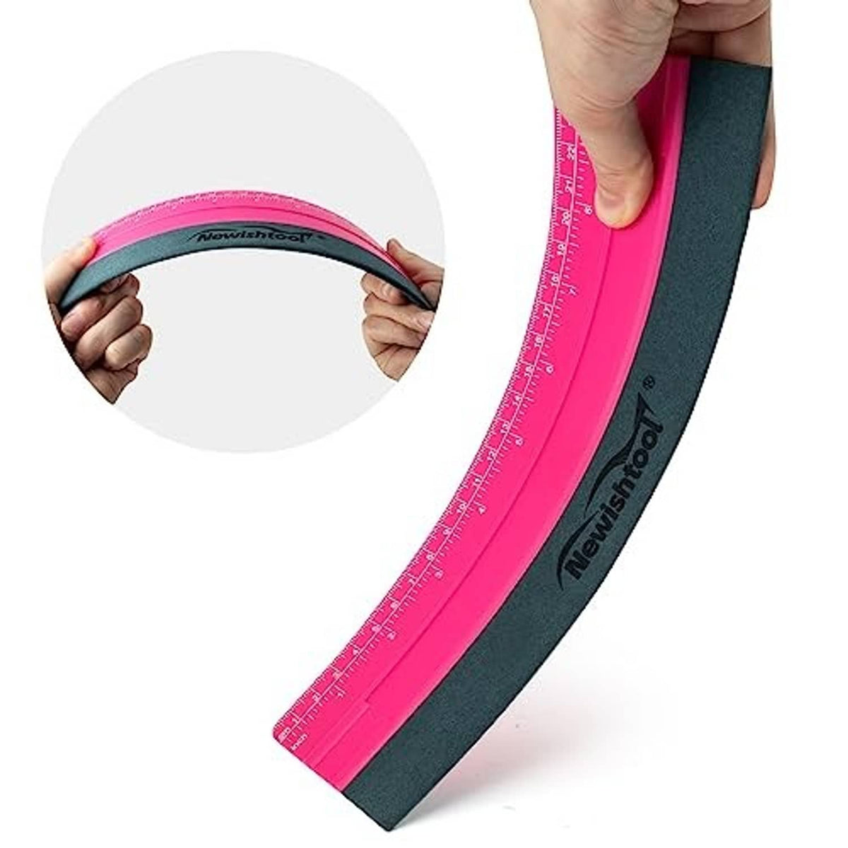 Rose pink vinyl squeegee with dark underside and Newishtool logo, flexible edge