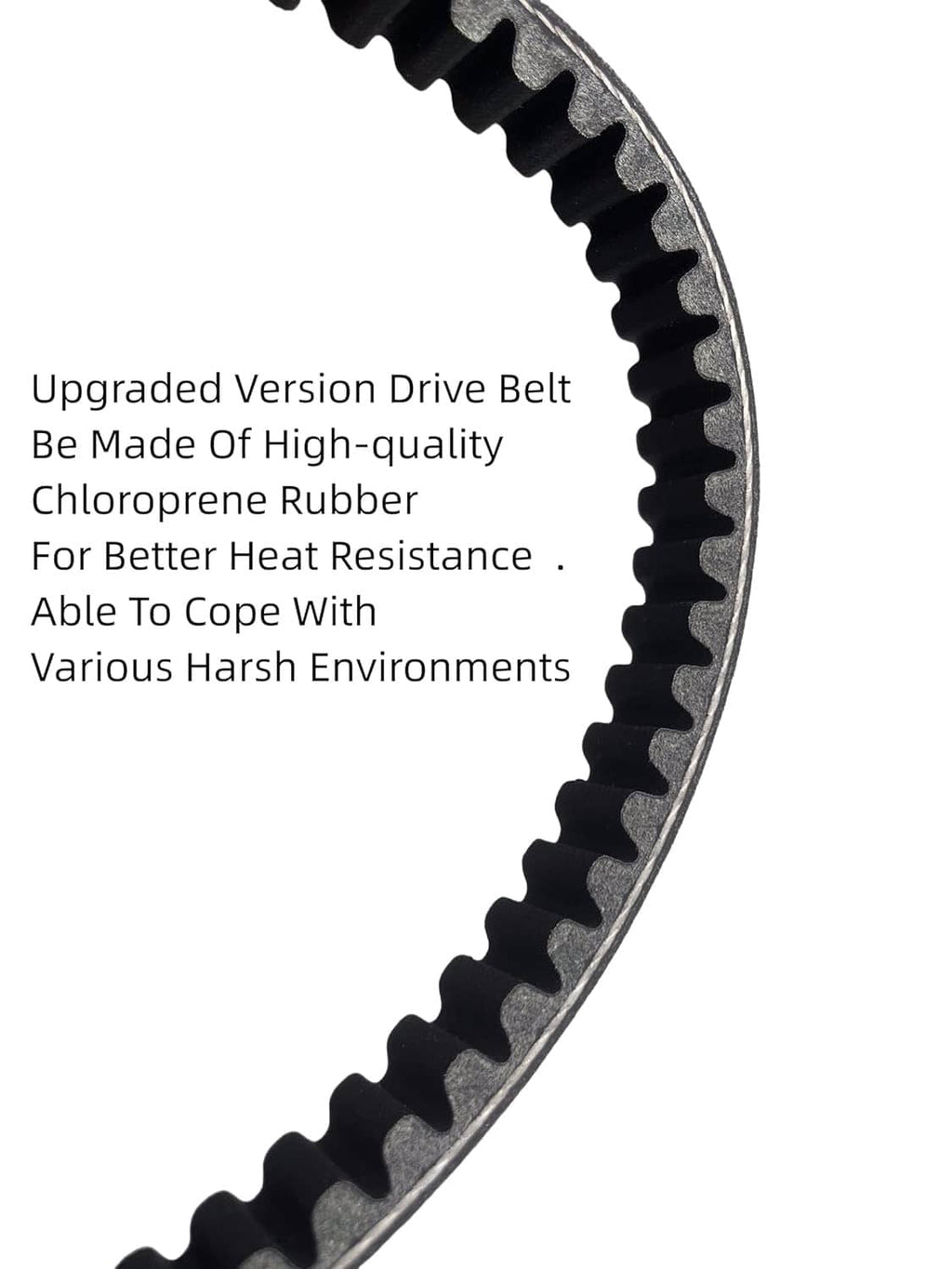 Black drive belt with ribbed teeth and curved edge, showing molded texture