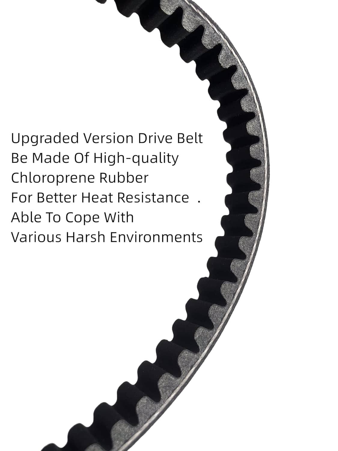 Black drive belt with ribbed teeth and curved edge, showing molded texture