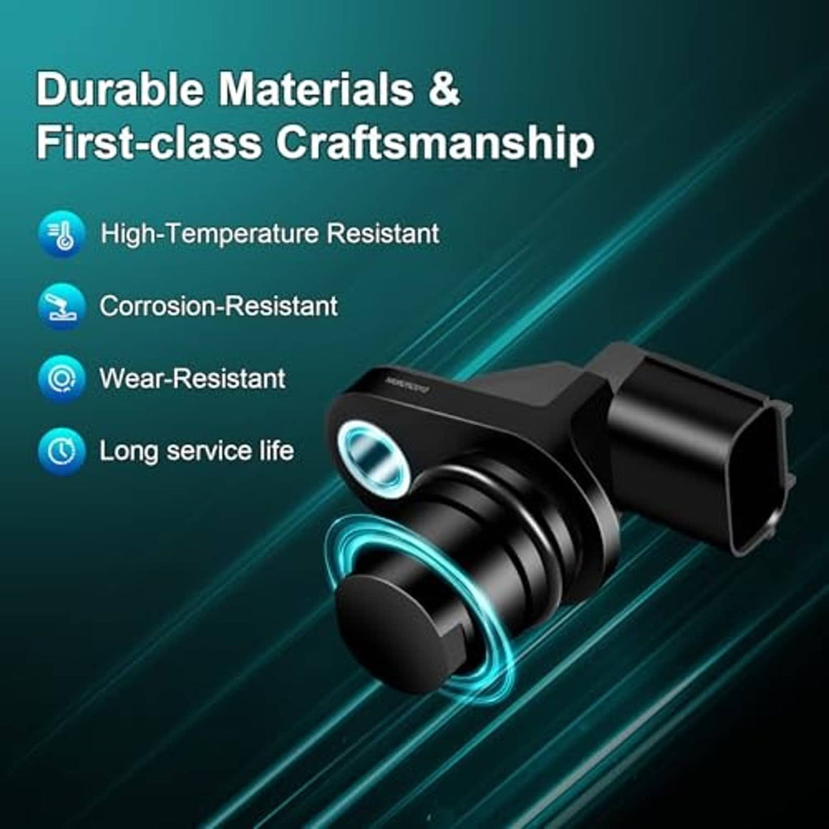 Durable black camshaft position sensor with visible metal tip and connector, heat-rated design