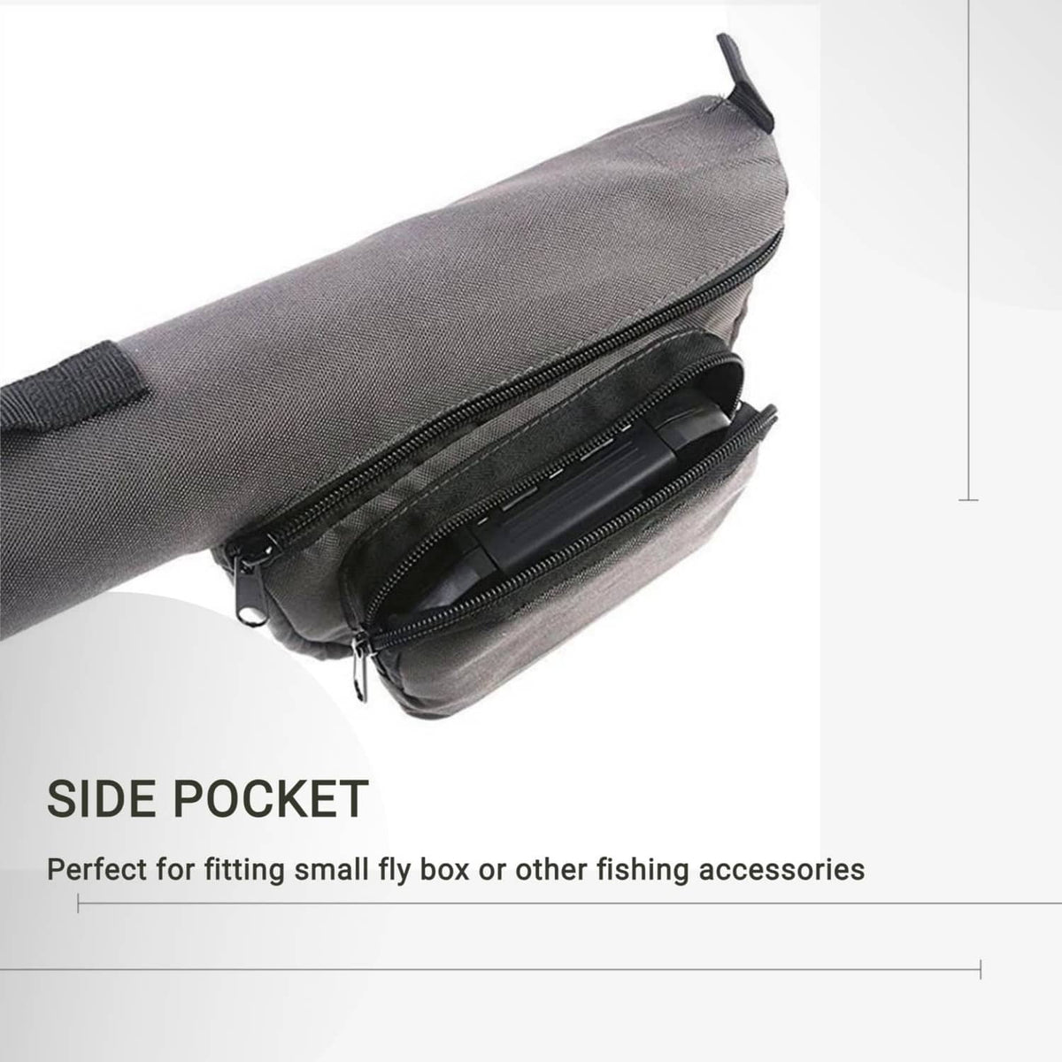Grey fly rod case with side pocket and zippered accessory storage