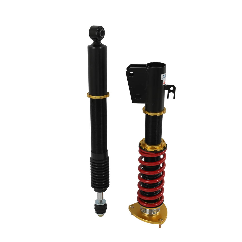 Two coilover struts, one with red spring and gold top mount, black shock bodies