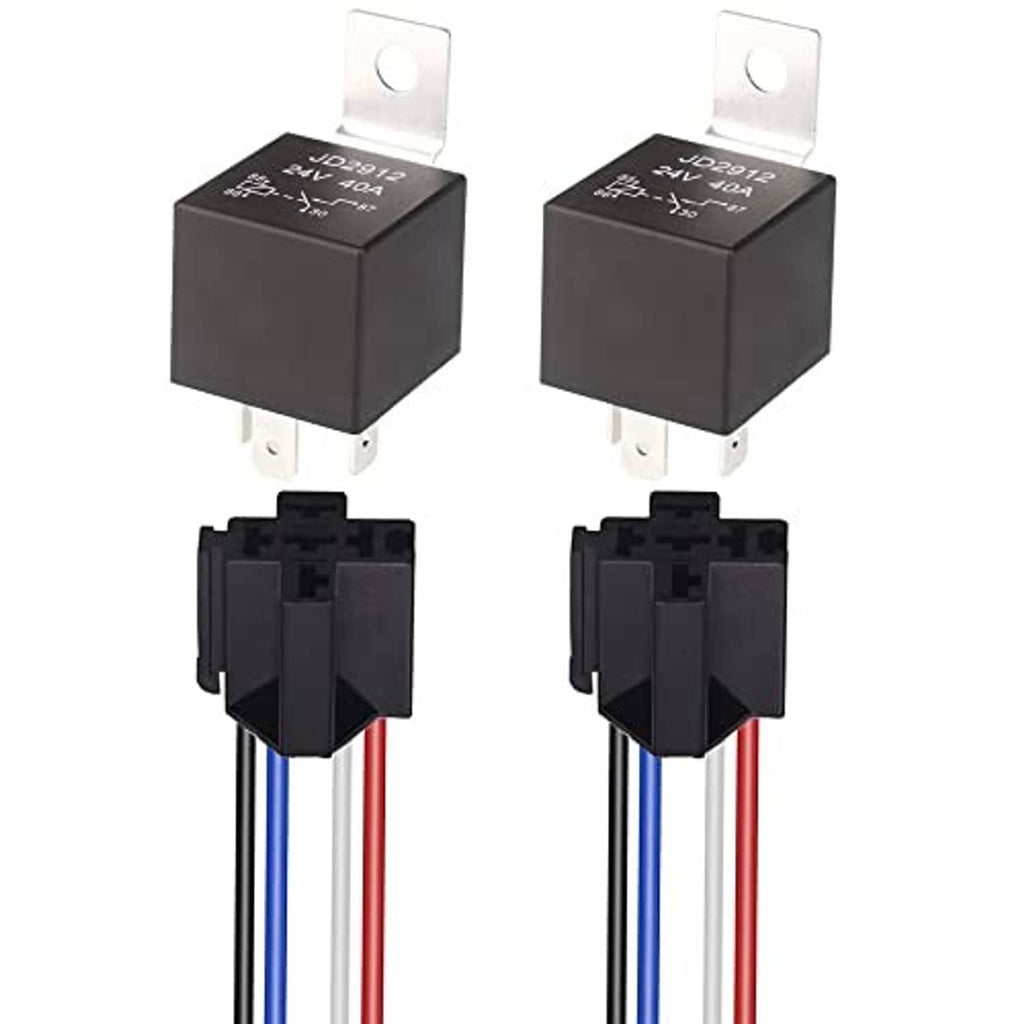 2-pack black 24V 4-pin relay harnesses with blue and red 12AWG wire leads