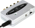 Silver audiophile USB audio interface with black top panel and headphone jack ports