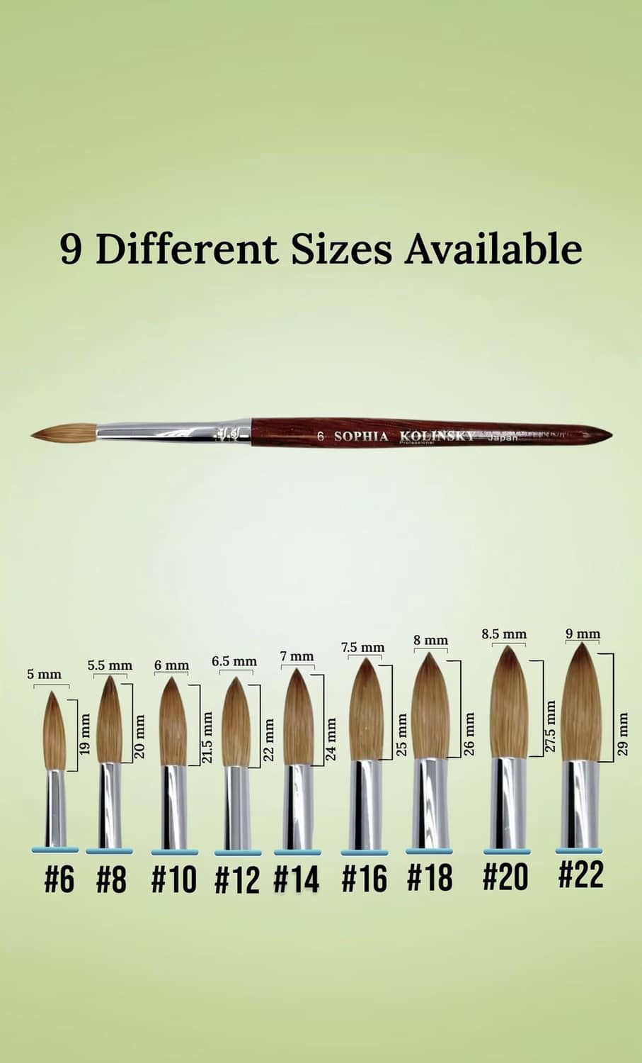 Round nail brush set with size #12 shown, brown bristles and red handle