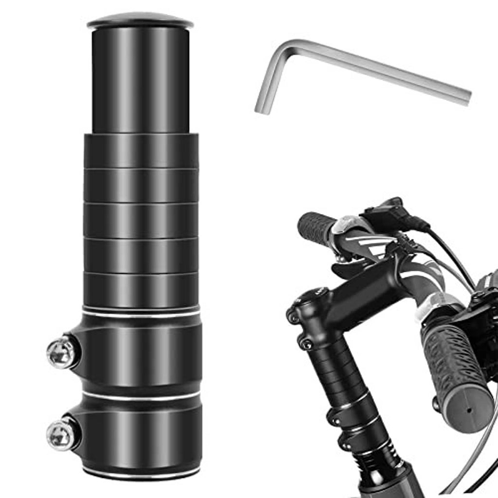 Black handlebar riser extender with silver L-bracket mounted on bicycle
