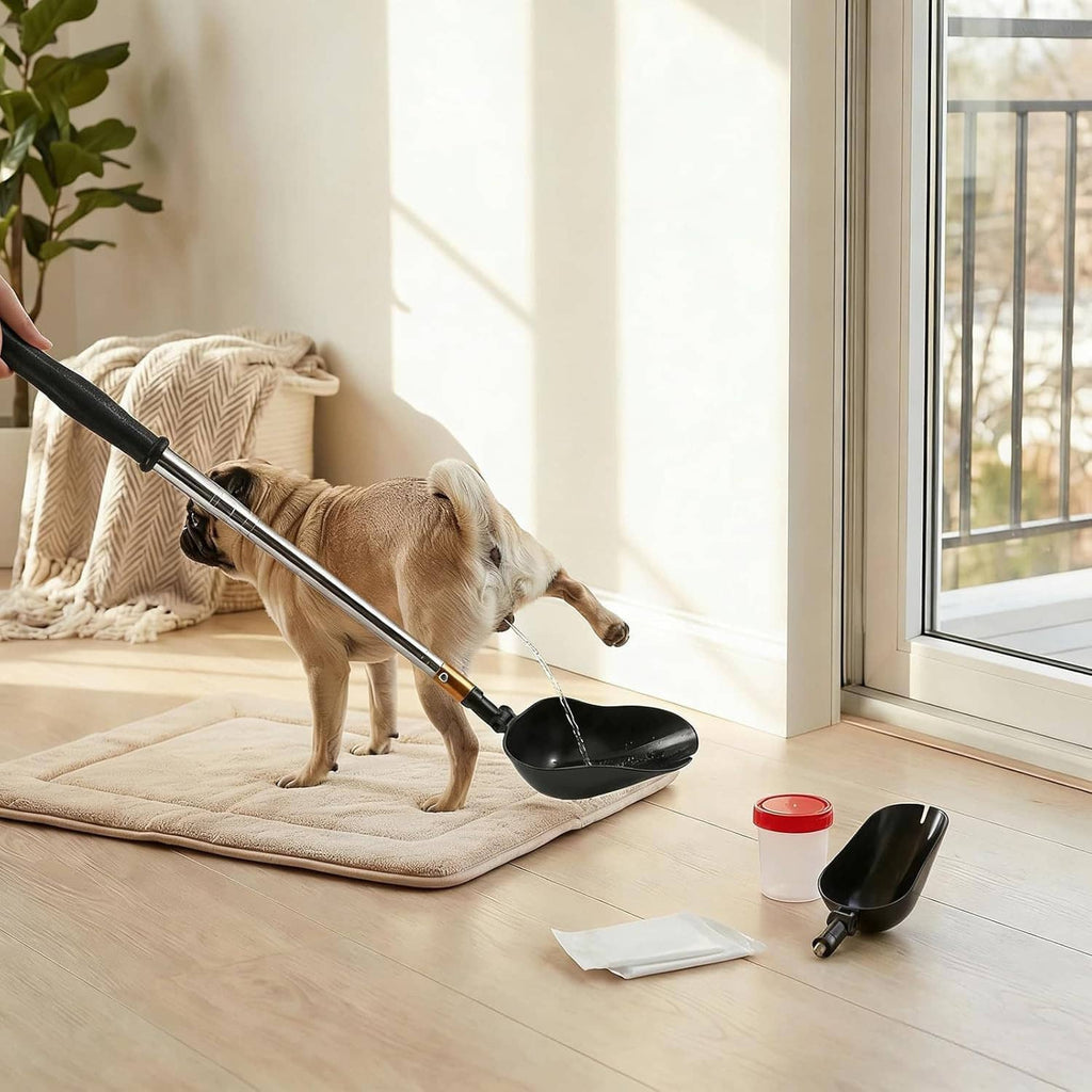 Telescopic urine collector with black scoop and long stainless handle for indoor pet use