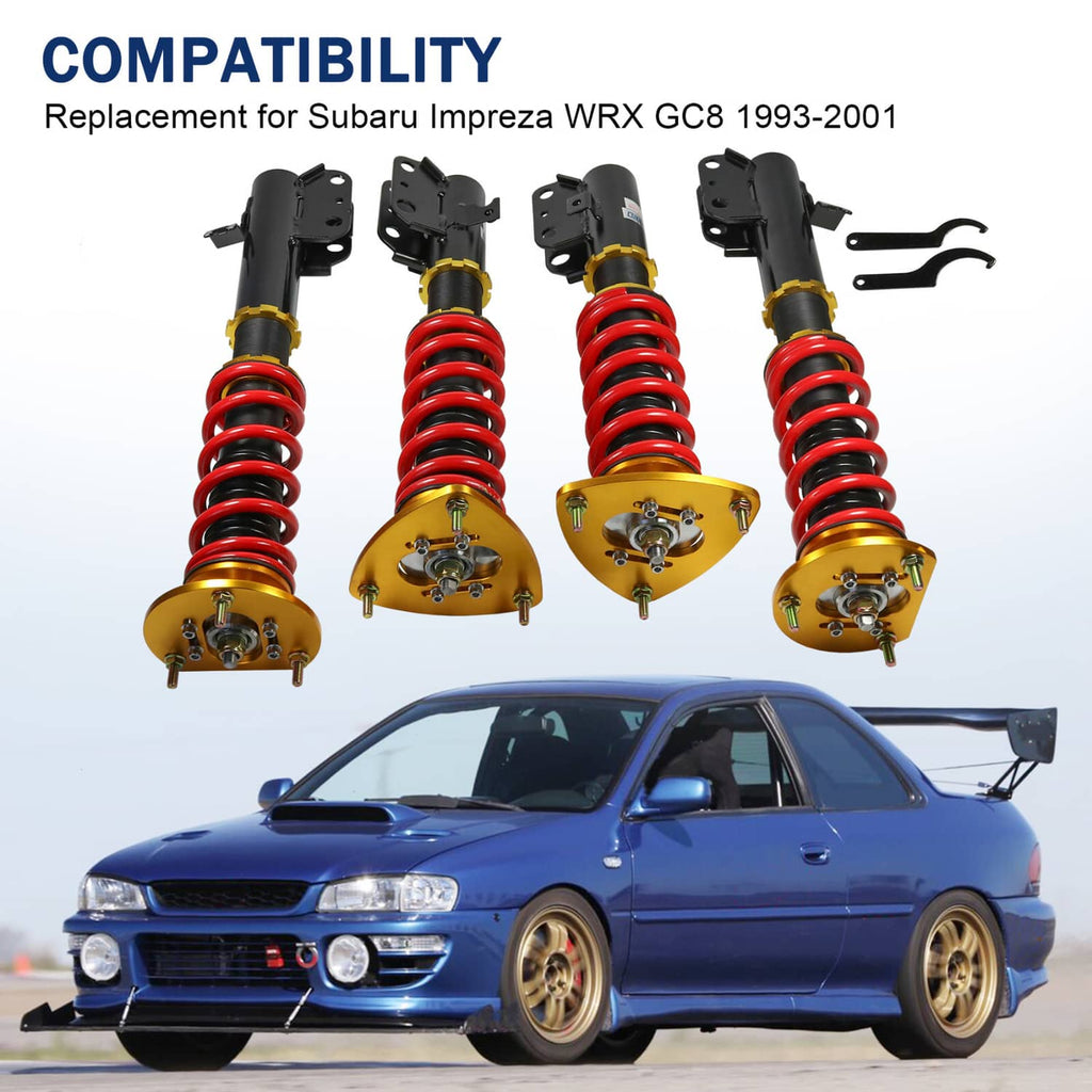 Four coilover struts with red springs and gold top mounts, black housings