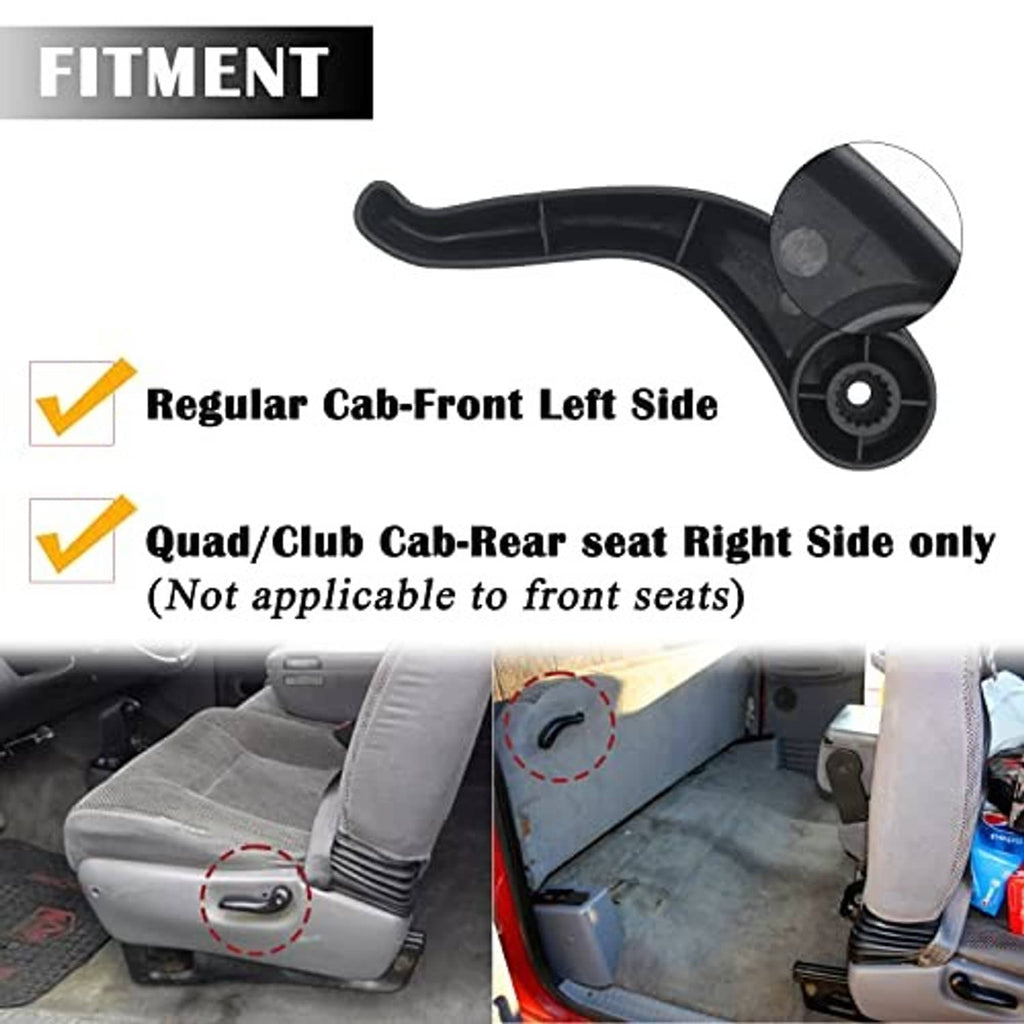 Black seat recliner handle lever with pivot end and circular mount, angled view