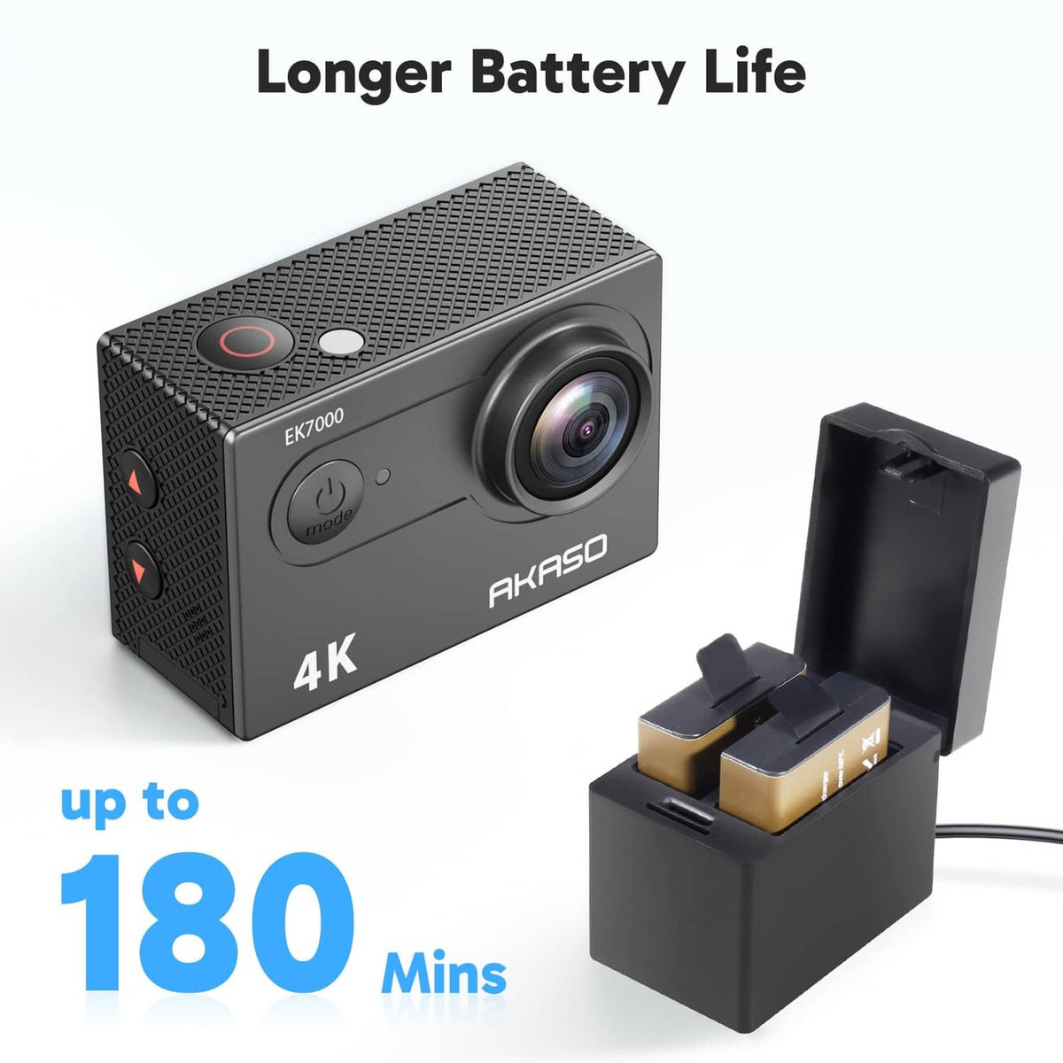 AKASO EK7000 action camera body with battery dock and spare battery