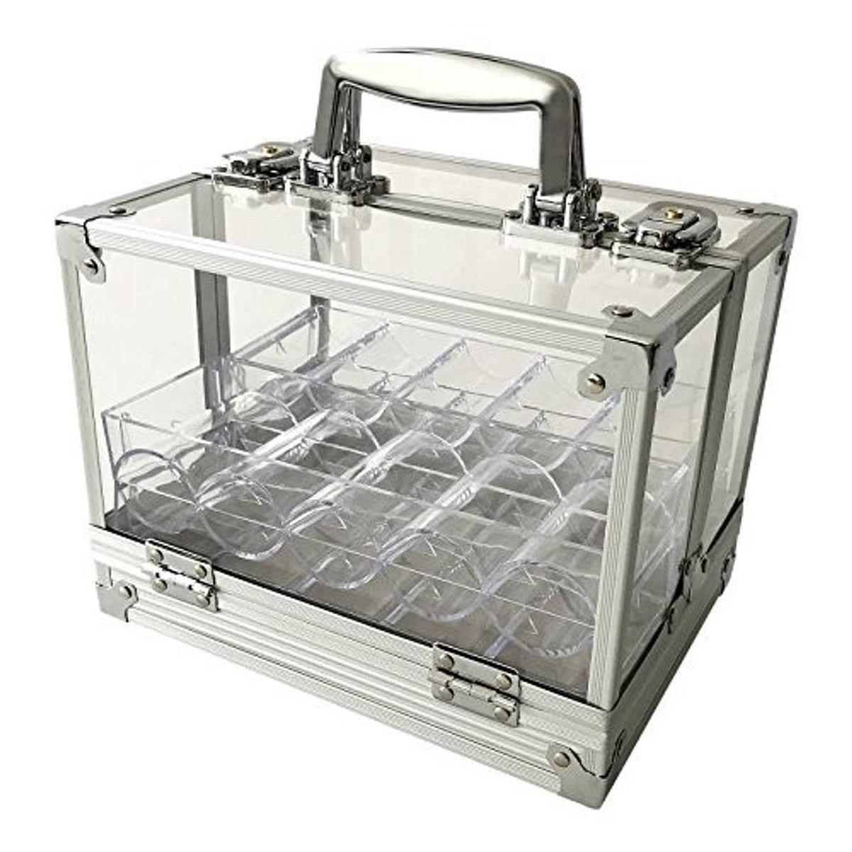 Clear acrylic poker chip locking carrier with metal handle and front compartment
