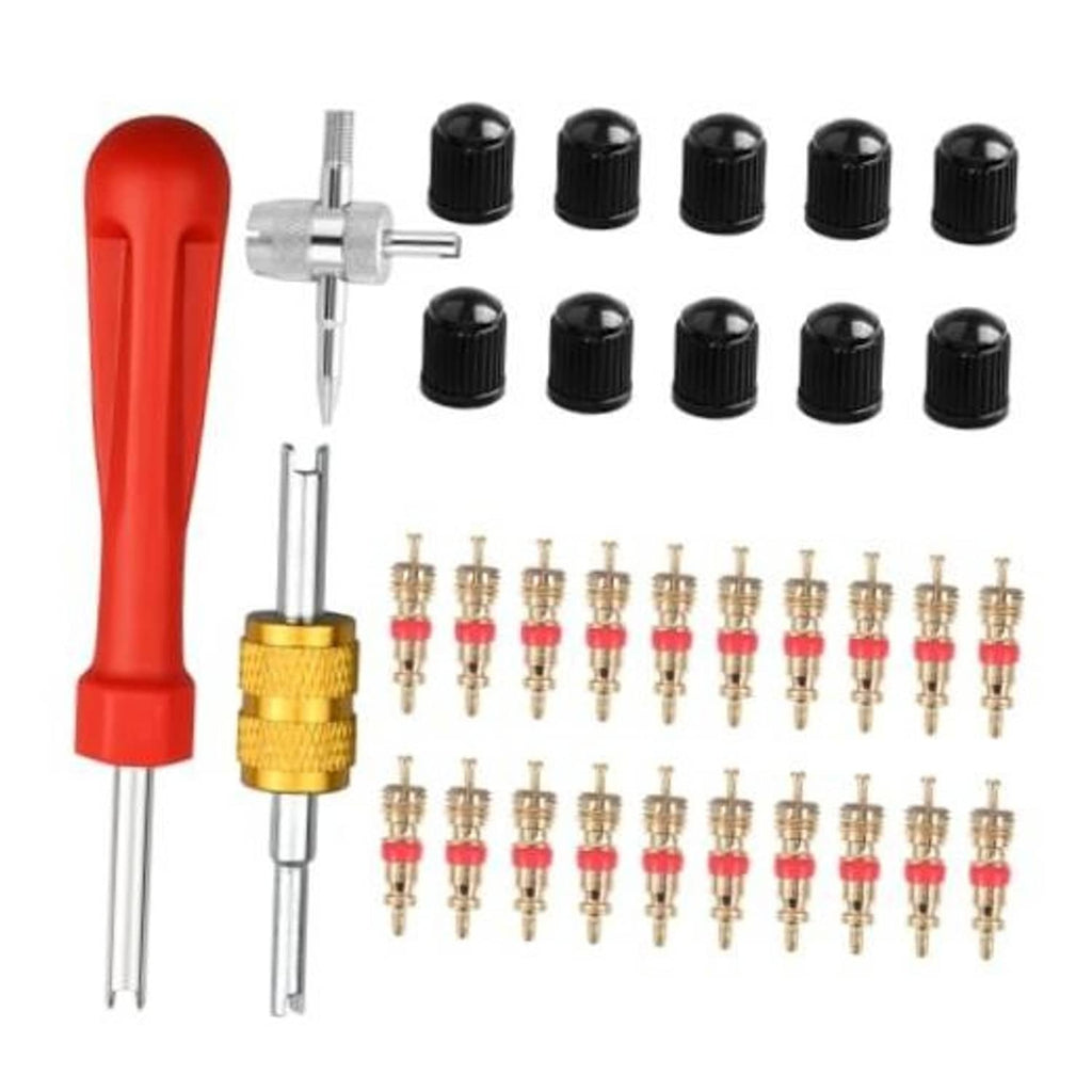 Red tire valve core removal tool with gold adapter and multiple valve cores