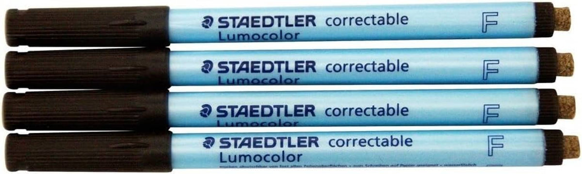 Set of 4 blue correction fine-point pens with black tips and caps