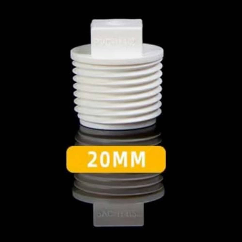 White PVC male pipe plug with 20mm size marking, hex head and ribbed threads