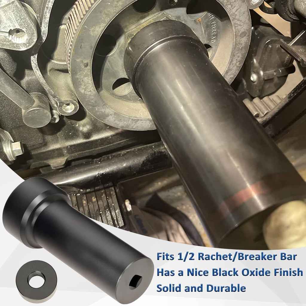 Black socket wrench tool with deep hex opening and 1/2-drive end