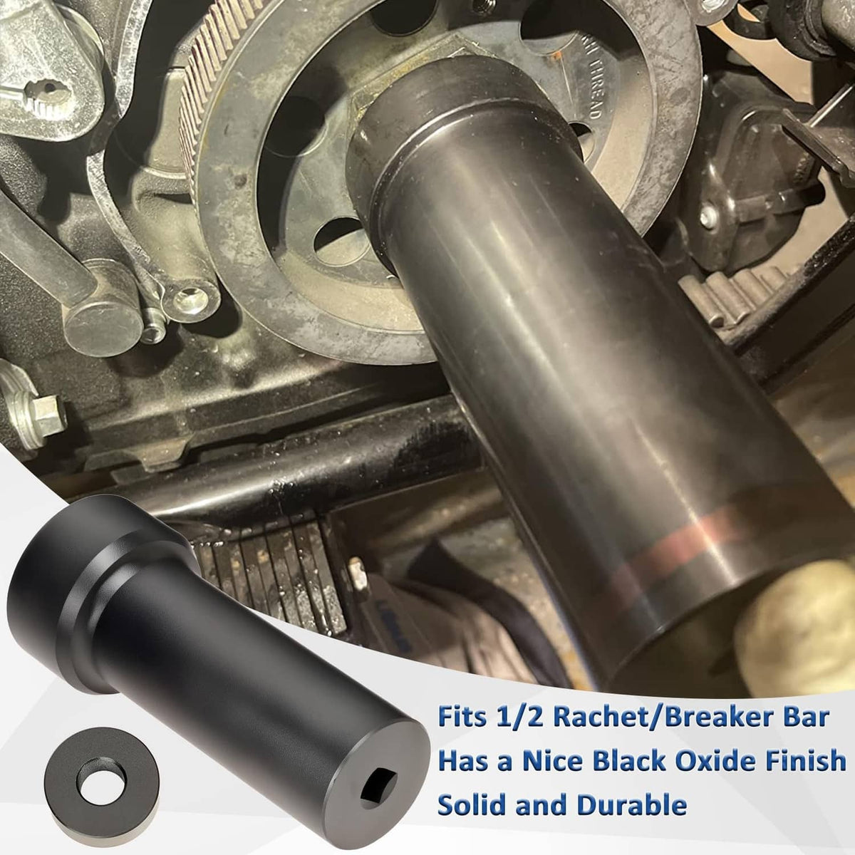 Black socket wrench tool with deep hex opening and 1/2-drive end
