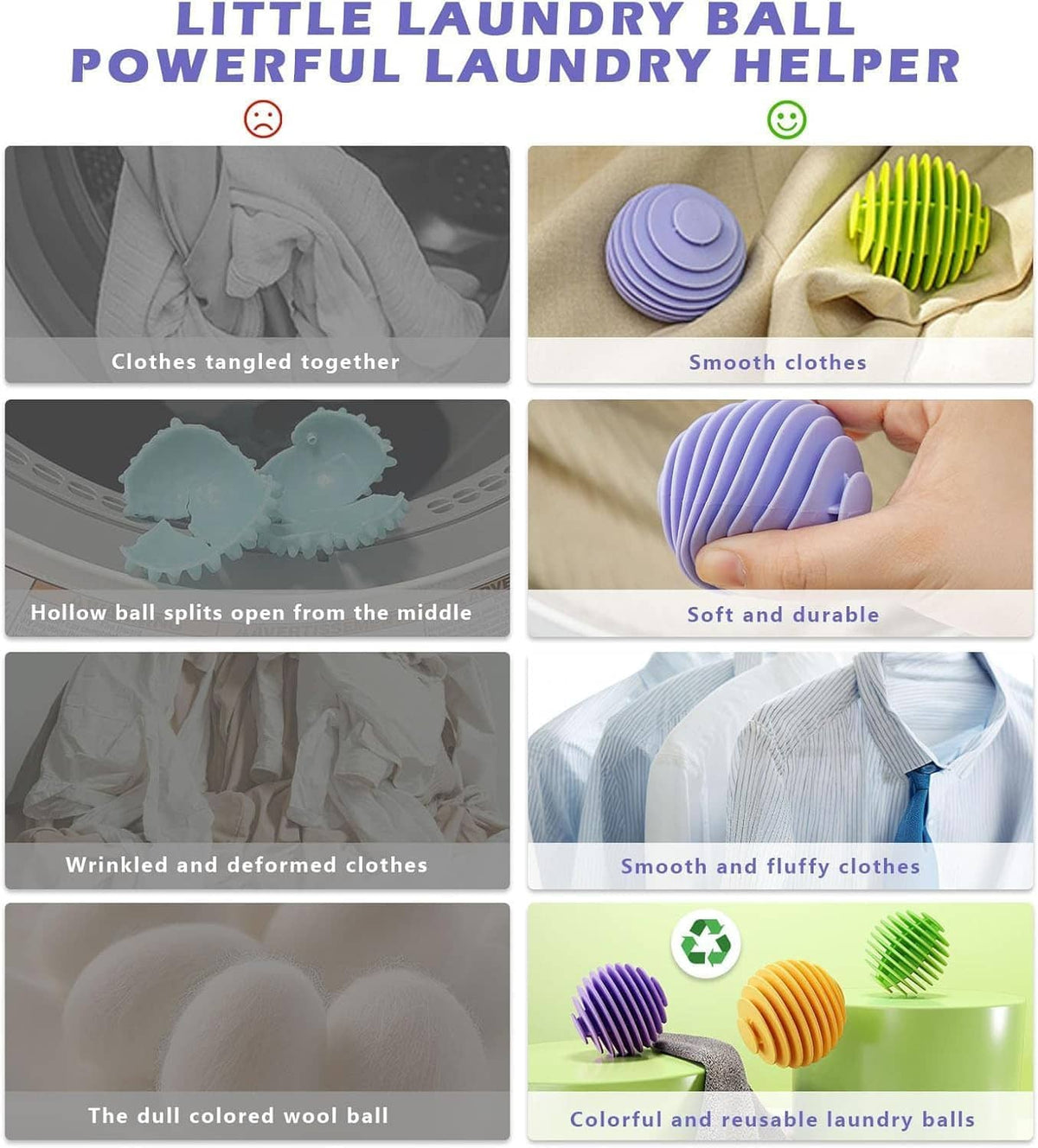 Colorful ribbed dryer balls for laundry, shown with smooth cloths