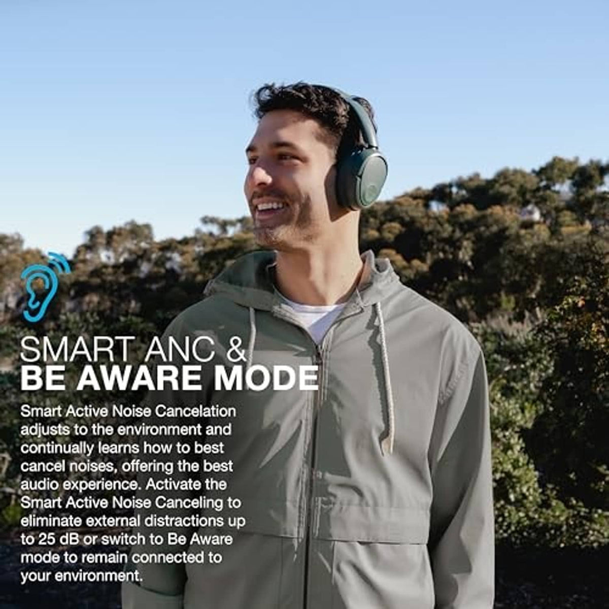 Sage green over-ear headphones worn by a man outdoors
