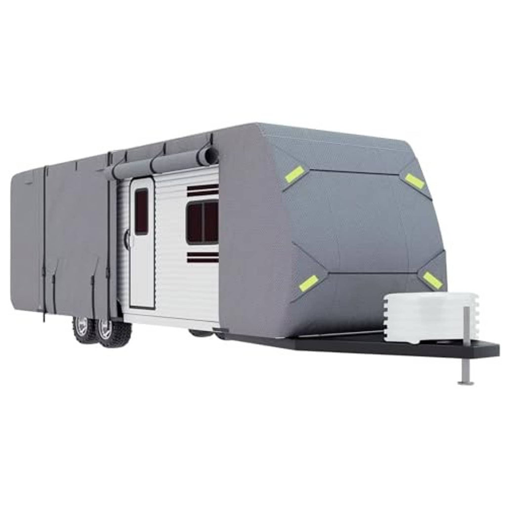 Gray RV cover draped over a travel trailer with lime corner reflective patches and front support