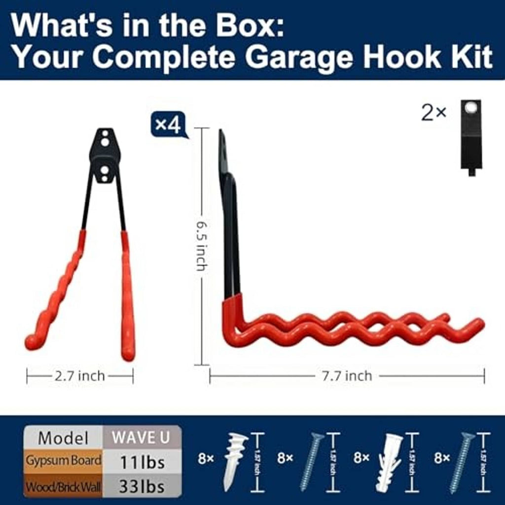 Garage wall hook kit: orange wave hooks with black mounting plates and hardware