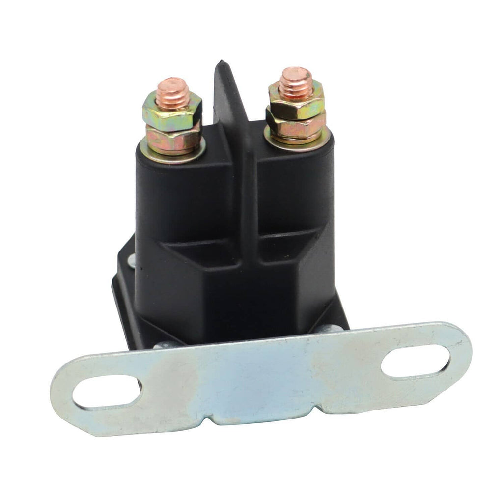 Starter relay solenoid with black housing, copper terminals, and silver mounting strap