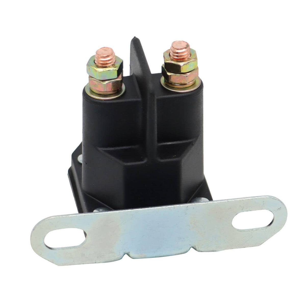 Starter relay solenoid with black housing, copper terminals, and silver mounting strap