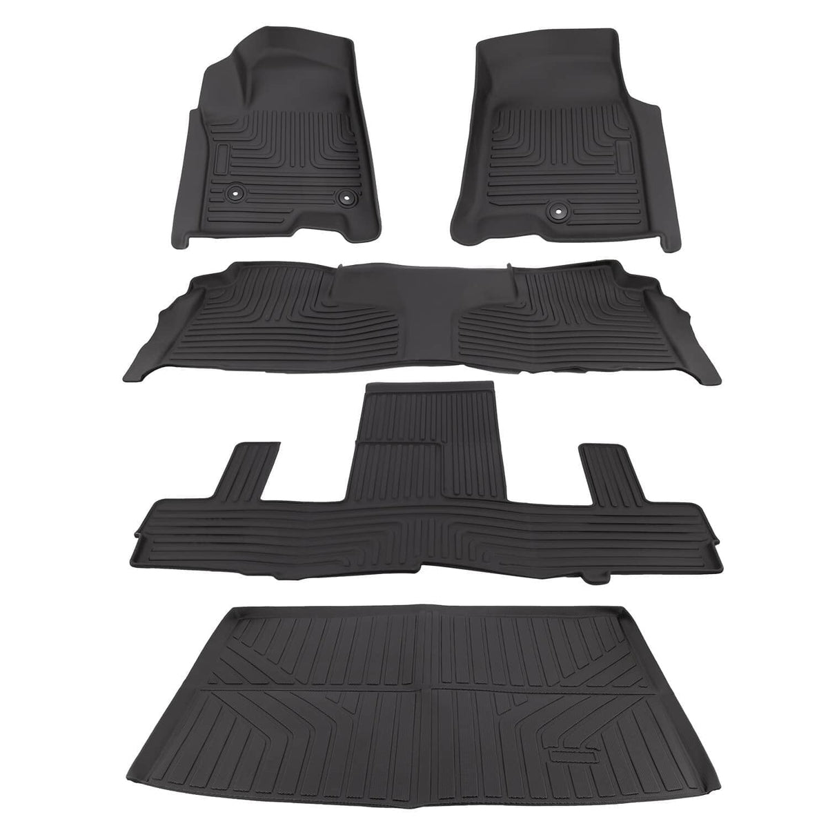 Black floor mat liners set with molded patterns and center channel for 2nd-row buckets