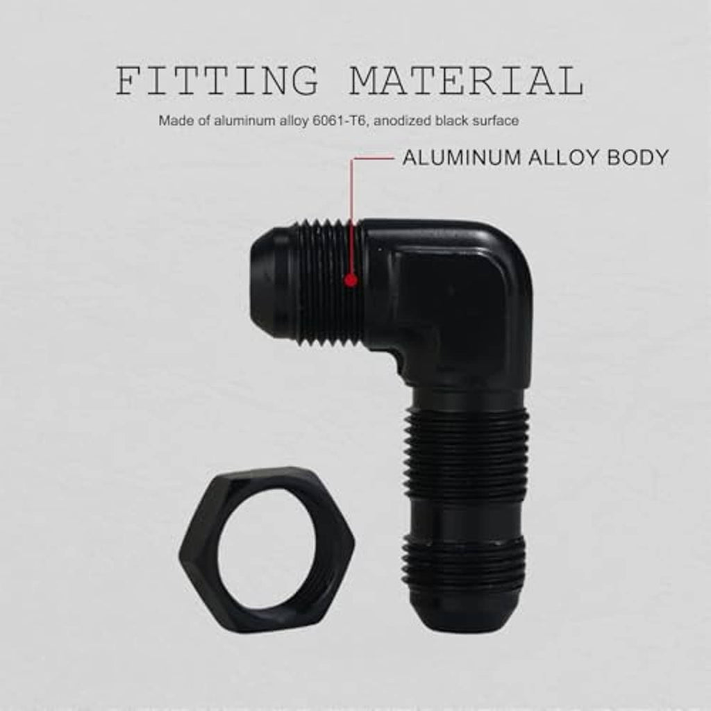 Black anodized aluminum 90-degree bulkhead fitting adapter with hex nut
