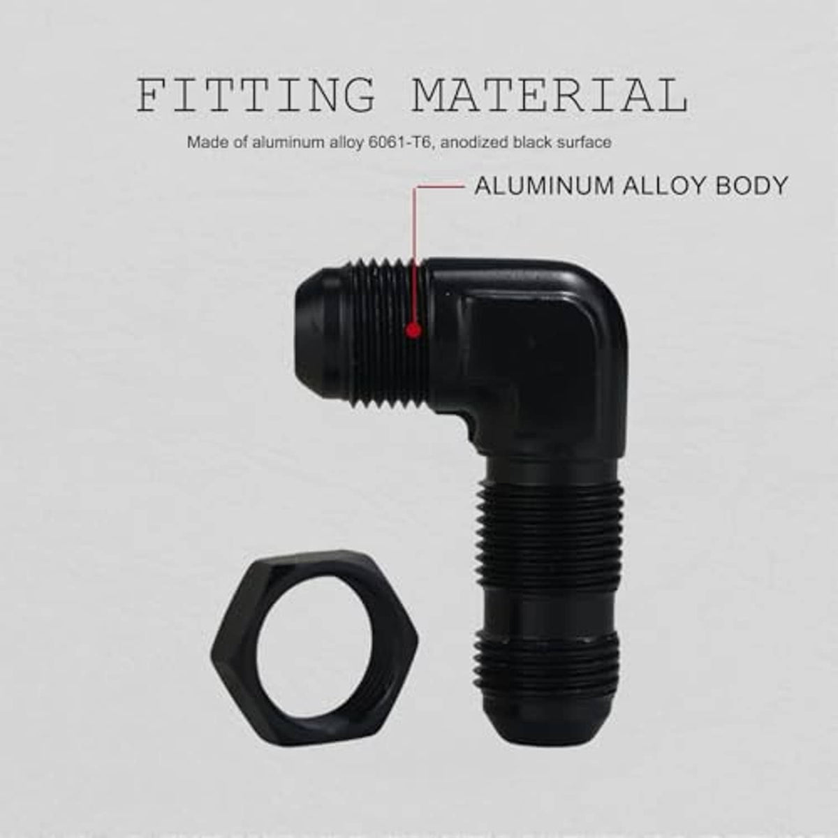 Black anodized aluminum 90-degree bulkhead fitting adapter with hex nut