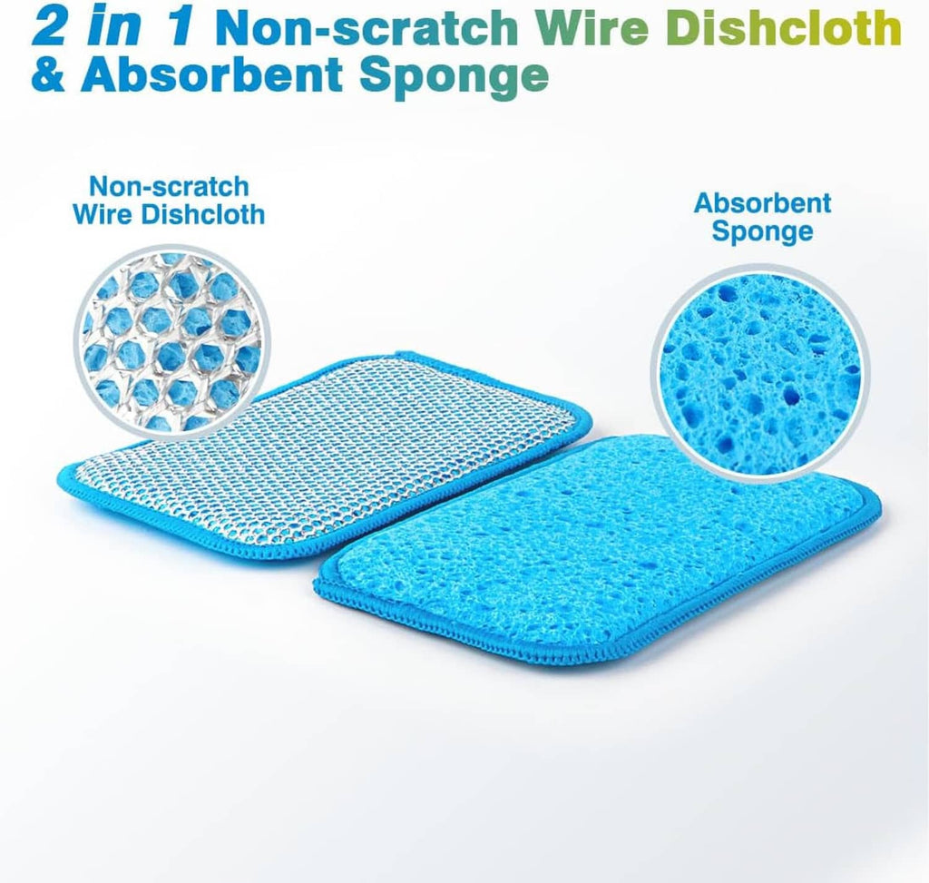 Blue non-scratch wire dishcloth and absorbent wipe sponge, 2 pieces