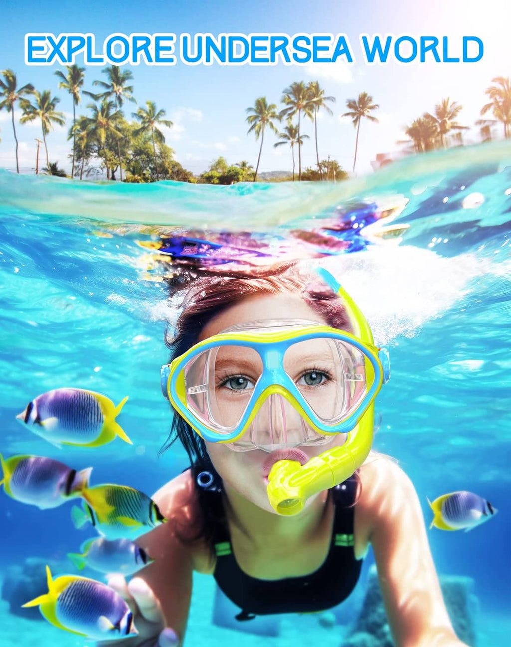 Child wearing a yellow and blue snorkel mask set underwater